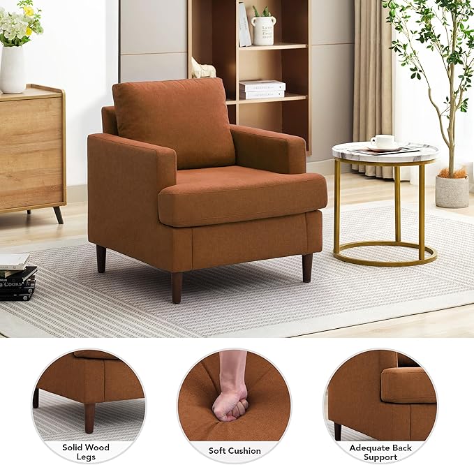 Mid-Century Accent Chair,Modern Linen Fabric Armchair for Living Room,Comfy Upholstered Reading Accent Chairs for Bedroom,Single Sofa Chair with Wood Legs (Orange, 1 Pack)