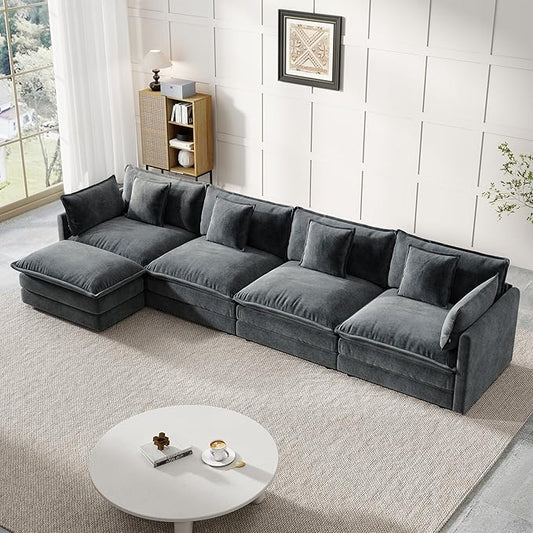 Modular Sectional Sofa, 146.5 Inch L-Shaped Cloud Sofa with Deep Seat Chenille Sofa with Cushions, Four Seater Sectional Sofa for Living Room Apartment,Gray