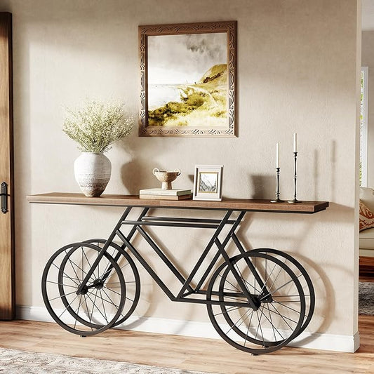 LITTLE TREE Narrow Sofa Table, 70.9-Inch Extra Long Console Table for Living Room, Entryway, with Unique Bicycle Metal Base. Rustic Brown