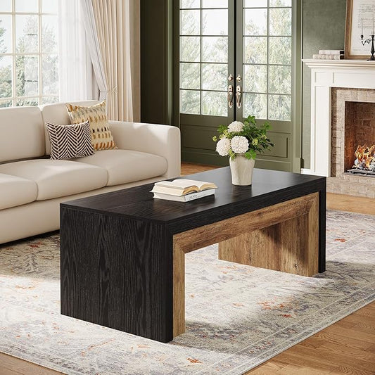 Tribesigns Farmhouse Coffee Table for Living Room, Mid-Century Modern Coffee Table with Sturdy Base, Large Rectangle Accent Center for Apartment, Easy Assembly (Black & Walnut)