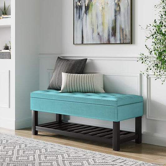 SIMPLIHOME Cosmopolitan 44 inch Wide Traditional Rectangle Storage Ottoman Bench with Open Bottom in Aqua Velvet Fabric, Assembled for the Living Room and Bedroom