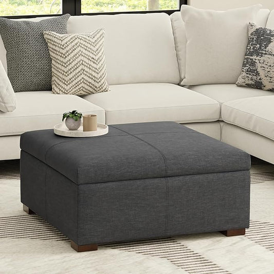 SIMPLIHOME Gabbie 36 inch Wide Contemporary Square Square Coffee Table Storage Ottoman in Slate Grey Polyester Linen, Assembled, for The Living Room, Entryway and Family Room