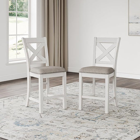 Signature Design by Ashley Robbinsdale Farmhouse Upholstered Barstool, Set of 2, X-Back, Nailhead Trim, Wood, 24.75" H, White & Light Gray