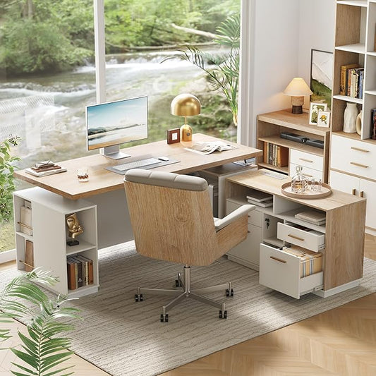 71" Standing Desk with 2 File Cabinet, AC/USB, 1.18" Desktop, L Shaped Height Adjustable Desk, Electric Furniture Set with Multiple Functions for Home and Office, Light Walnut