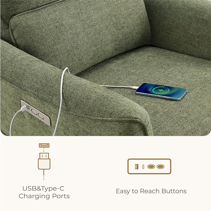 CHITA Power Nursery Rocking Chair, Swivel Glider Recliner Chair with Solid Wood Base, Bulit-in USB & Type-C Charging Ports for Living Room, FSC Certified, Moss Green
