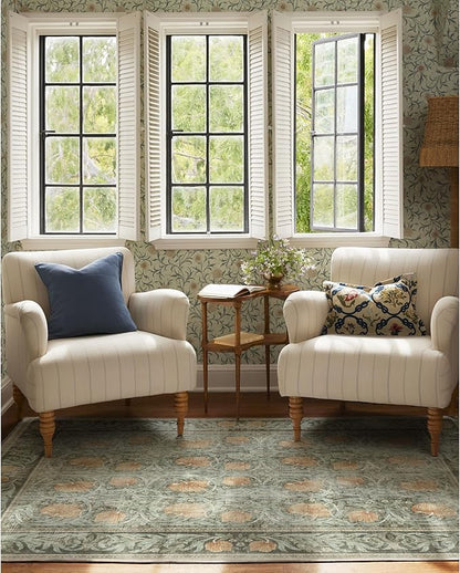 RUGGABLE x Morris & Co Washable Area Rug– Pimpernel Vintage Green 5x7, Stain-Resistant, Non-Slip – Medium Machine Washable Rugs for Living Room, Bedroom, Hallway, Entryway & Office–with Cushioned Pad