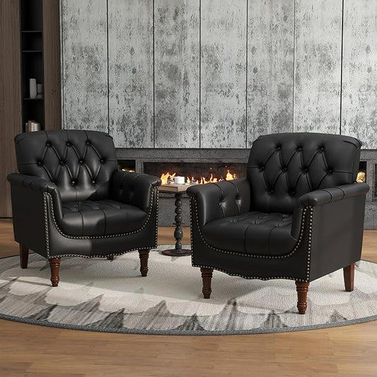 Lumibee Faux Leather Armchairs, Contemporary Accent Chairs Set of 2 with Nailhead Trims & Wood Legs for Living Room, Upholstered Comfy Arm Chairs for Office,Bedroom-Black