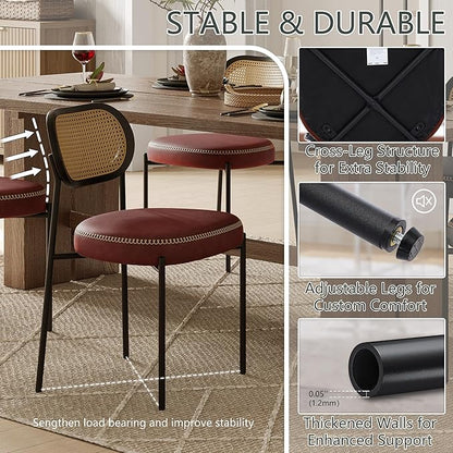 Rattan Dining Chairs Set of 4, Wine Leather Upholstered Dining Chairs with Rattan Cane Back, Mid Century Modern Dining Room Chairs with Black Metal Legs & D-Shaped Thicken Cushion, Wine