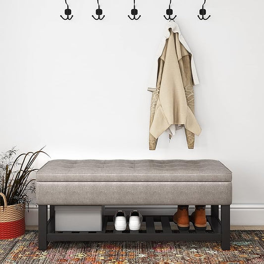 SIMPLIHOME Cosmopolitan 44 inch Wide Transitional Rectangle Storage Ottoman Bench with Open Bottom in Distressed Grey Taupe Vegan Faux Leather, Assembled for the Living Room and Bedroom