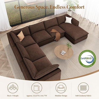Vesgantti 141.7" Oversized Boneless Sectional Couch, Modern 7 Seater Modular Sofa with Chaise, Deep Seat Convertible Corduroy Cloud Couches for Living Room, No Assembly Required, Dark Brown