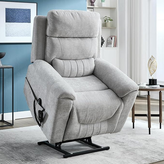 Power Lift Recliner Chair for Elderly People, Dual Motor Lay Flat Recliner with Vibration Massage and Heat, Heavy Duty Motion Mechanism Standing Assistance Reclining Chair, Chenille Fabric Light Gray
