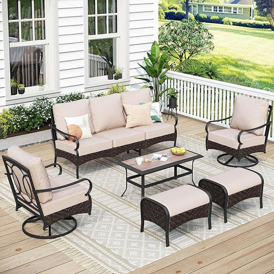 MFSTUDIO 6 PCS Outdoor Patio Furniture Set, Metal Outdoor Conversation Set, Rattan Wicker Patio Sectional Sofa Set with 2 x Swivel Single Sofa, 3-Seat Sofa, 2 x Ottoman, 1 x Coffee Table, Beige