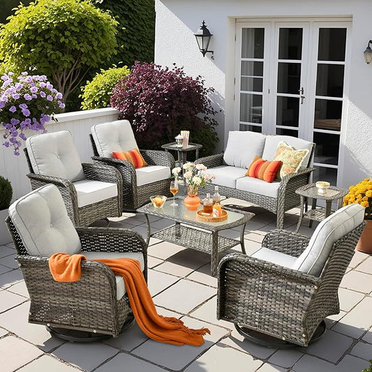 8 PCS Patio Outdoor Furniture Set with Swivel Rocking Chairs,All Weather Wicker Rattan Patio Seating Sofa and Chairs Set,Outdoor Conversaiton Sets for Deck Yard Prrch Garden Poolside,Grey