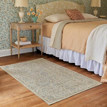 RUGGABLE x Morris & Co Washable Area Rug – Montreal Natural Blue 3x5, Stain-Resistant, Non-Slip – Small Machine Washable Rugs for Living Room, Bedroom, Hallway, Entryway & Office–with Standard Pad