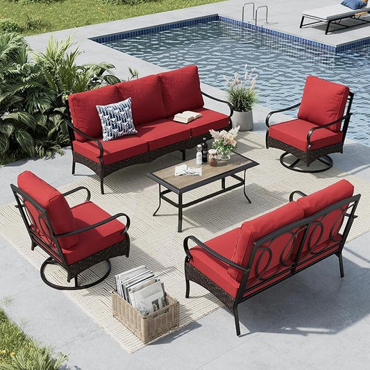 MFSTUDIO 5 PCS Outdoor Patio Furniture Set, Metal Outdoor Conversation Set, Rattan Wicker Patio Sectional Sofa Set with 2 x Swivel Single Sofa, 2-Seat and 3-Seat Sofa, 1 x Coffee Table, Red