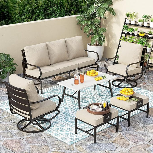 PHI VILLA 6 PCS Outdoor Patio Furniture Sets with 1x 3 Seater 72" Padded Deep Seating Bench, 2 x Cushioned Swivel Armrest Sofa Chairs, 2 x Ottoman and & 1 x Coffee Table for 5-7 Person