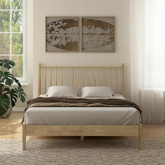 NTC Inno Wooden Bed Frame with Headboard, Solid Oak and Rubber Wood Foundation with Silent Slats and Wood Central Supports, 1000 Lb Capacity, Effortless Assembly, Queen - Sand