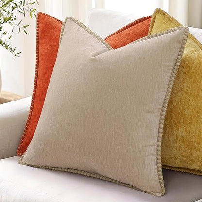 decorUhome Chenille Soft Throw Pillow Covers 22x22 Set of 2, Farmhouse Velvet Neutral Decorative Euro Pillow Covers with Stitched Edge for Couch Sofa Bed Home Decor, Beige