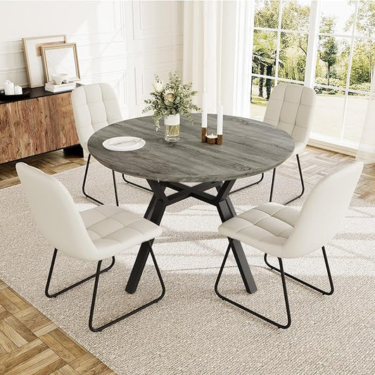 Extendable Round Dining Table Set for 4 People, 43.3"-59.1" Extendable Kitchen Table with 4 Upholstered Chairs, Space Saving for Kitchen Dining Room (Grey Table+4 U-Shaped White Chairs)