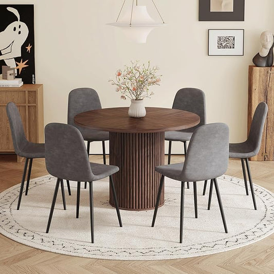 Round Dining Table Set for 6 with Storage, 42" Round Dining Table with 6 Fabric Chairs, 7 Piece Kitchen Table Chairs Set of 6 with Thick Wood Top, Roman Column Pedestal, Space-Saving