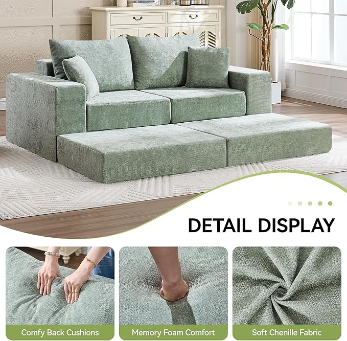 79" Boneless Loveseat Sofa Couch, Modular Foldable Floor Cloud Sofa with Ottoman, Lounge Convertible Sofa Bed for Living Room, No Assembly, Chenille Green