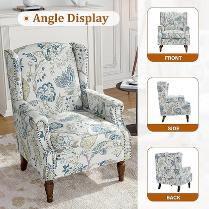 Floral Wingback Accent Chair, High Back Upholstered Armchair, Comfy Fabric Wingback Arms Chairs with Retro Solid Wood Legs, Single Sofa Reading Chair for Bedroom Living Room, Plants Blue