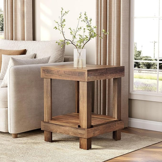 LITTLE TREE 2-Tier End Table, All Wooden Square Side Table with 2 Storage Shelves, Farmhouse Chairside Table Side End Table for Living Room, Small Bedside Table Nightstand for Bedroom, Natural Color