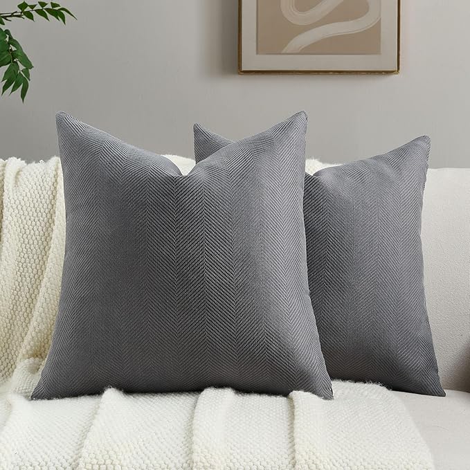 FUTEI Dark Grey Chenille Throw Pillow Covers 24x24 Inch Set of 2,Soft Wide Chevron Textured European Pillow Shams,Farmhouse Home Decor for Couch Bed Living Room