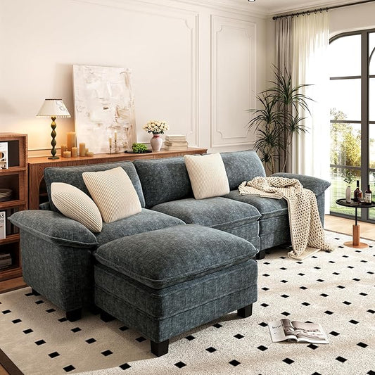 PHI VILLA Cloud Modular Couch Sets, 123.6" Sectional Sofa with L-Shaped Chaise, 4-Seater Upholstered Couches with Movable Ottoman for Living Room, Chenille Fabric, Dark Cyan