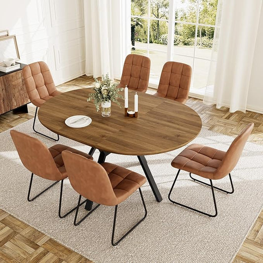 Extendable Round Dining Table Set for 6 People, 43.3"-59.1" Extendable Kitchen Table with 6 Upholstered Chairs, Space Saving for Kitchen Dining Room (Walnut Table+6 U-Shaped Brown Chairs)