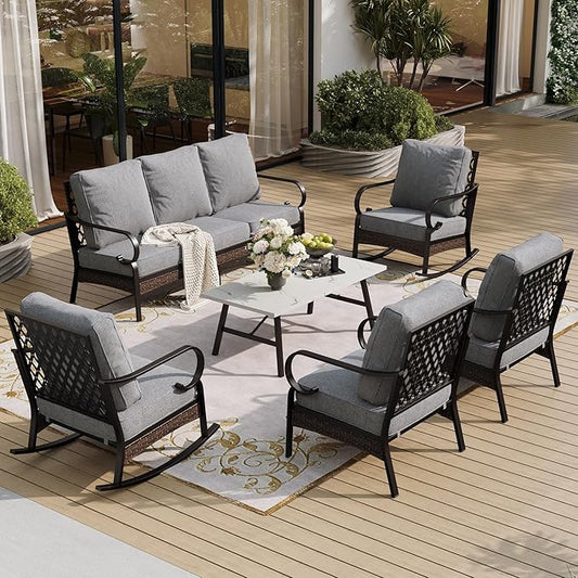 6 Piece Metal Outdoor Patio Furniture Set, Patio Conversation Set with 1 3-Seater & 2 Fixed Sofas, 2 Rocking Sofas, 5.75" Thick Cushion & Coffee Table, Black & Gray Backyard Furniture