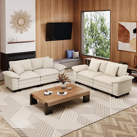 L-Shaped Cloud Modular Sofa Set, 4-Piece Double Loveseat Sectional w/Deep Seat & Removable Arms, Plush Corduroy for Living Room - Beige