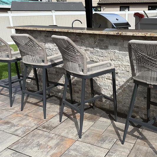 PURPLE LEAF 2 Pieces Counter Height Bar Stools Patio Boho Rattan Barstools Aluminum Woven Bar Chairs with Cushions for Outdoor Kitchen Island Garden