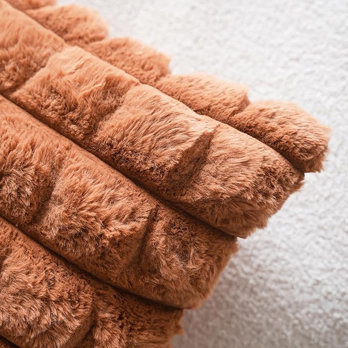 Neelvin Brown Faux Fur Cozy Soft Plaid Decorative Throw Pillow Covers 16x16 inch Set of 2,Velvet Pillowcase Cushion Case for Sofa Couch