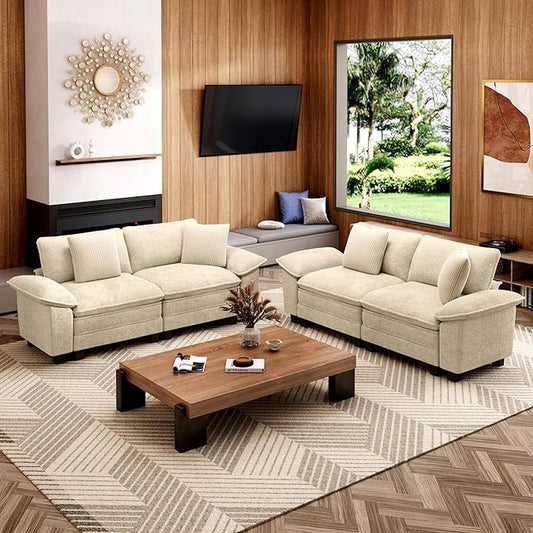 L-Shaped Cloud Modular Sofa Set, 4-Piece Double Loveseat Sectional w/Deep Seat & Removable Arms, Plush Chenille for Living Room - Beige