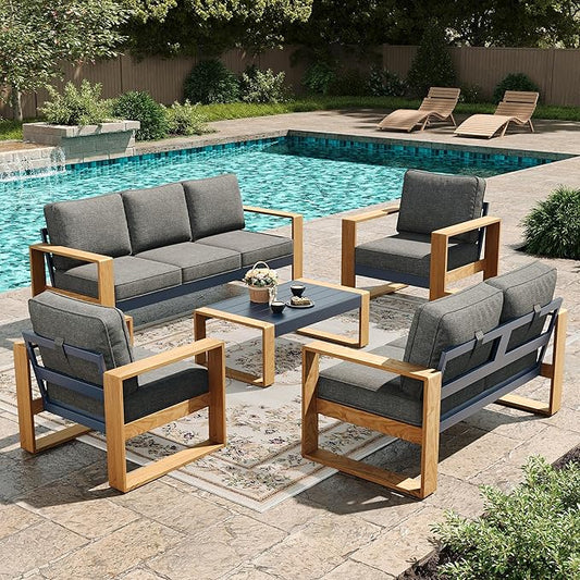 LayinSun 5 Pieces Aluminum Patio Furniture Set with Coffee Table, Oversized Seat with Hight Back, Outdoor Conversation Sets for Porch, Balcony, Deck