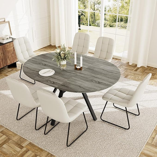 Extendable Round Dining Table Set for 6 People, 43.3"-59.1" Extendable Kitchen Table with 6 Upholstered Chairs, Space Saving for Kitchen Dining Room (Grey Table+6 U-Shaped White Chairs)