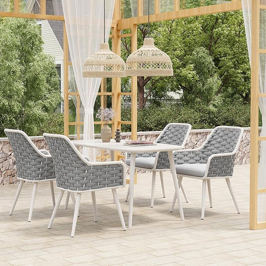 SUNSITT Outdoor Dining Chairs Set of 4, Metal Outdoor Patio Dining Chairs with Weather-Resistant Cushions, Woven Rope Chairs Outdoor with Armrest Light Grey Outdoor Furniture Chairs for Backyard