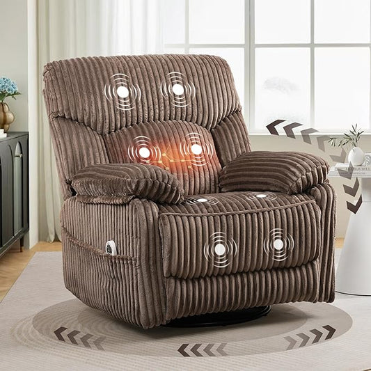 Power Swivel Rocker Recliner Chair with Massage and Heat for Adults, Electric Infinite Position Recliner with USB Charging Port, Corduroy and PU Leather Mixed Fabric, Easy Assembly (Brown)