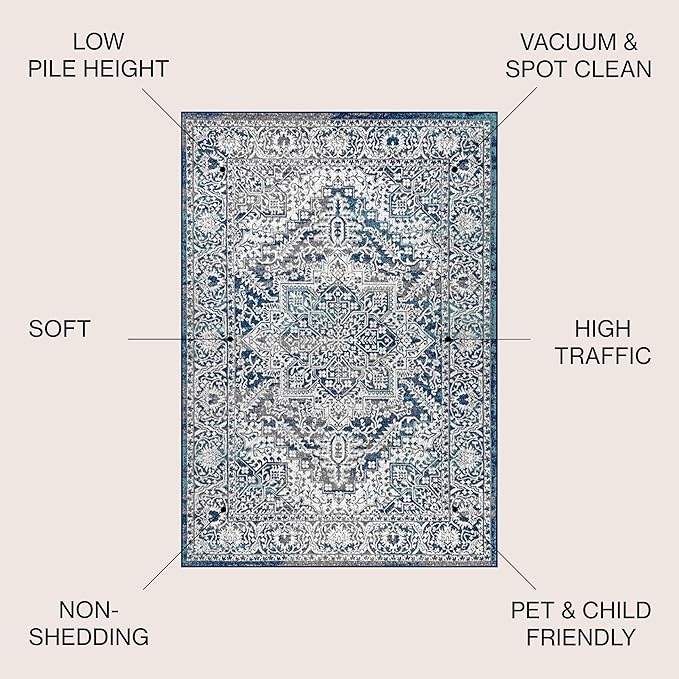 JONATHAN Y Modern Vintage Medallion Navy/Light Gray Indoor Area Rug, 8x10, Country, Floral, Easy-Cleaning for Living Room, Bedroom, Kitchen, Pet Friendly, Non-Shedding (MDP100B-8)