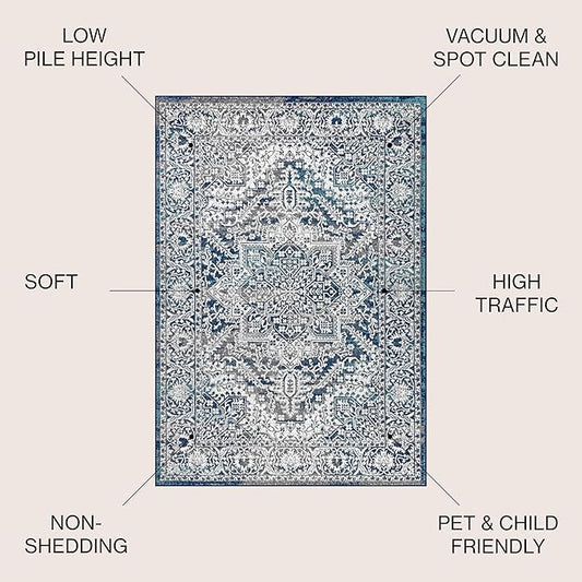 JONATHAN Y Modern Vintage Medallion Navy/Light Gray Indoor Area Rug, 8x10, Country, Floral, Easy-Cleaning for Living Room, Bedroom, Kitchen, Pet Friendly, Non-Shedding (MDP100B-8)