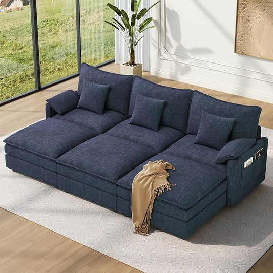 Vesgantti 108" Sectional Sleeper Sofa, 6-Seater Oversized Modular Cloud Couch with Movable Ottoman, Chenille Large Sofa Bed Convertible Deep Seat Couches for Living Room, Bedroom and Apartment, Blue