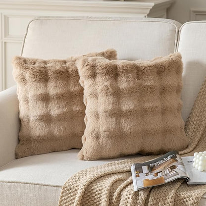 Pack of 2 Thick Plush Throw Pillow Covers Fluffy Wave Faux Fur Decorative Cushion Covers Soft Wool Pillowcase for Sofa Couch Livingroom 22x22 Inch Camel