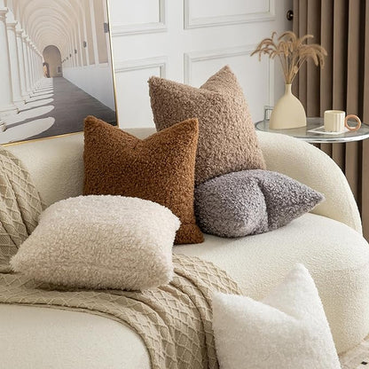 Pack of 2 Curly Teddy Wool Faux Fur Throw Pillow Covers Fuzzy Accent Soft Sherpa Pillowcases Sheepskin Fleece Decorative Cushion Case for Sofa Couch Living Room 16x16 Inch Khaki