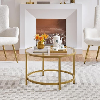 Yaheetech Gold Glass Coffee Table for Living Room, 27.6" Round Glass Coffee Table with Metal Frame, Circle Coffee Table for Home, Office, Apartment