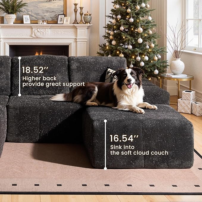 114" Glitter Cloud Sectional Couch with L-Shape Chaise & Ottoman, Modern Boneless Couches for Living Room, Fluffy Tufted Deep Seat Modular Sofa No Assembly (Gray Sparkly Velvet,Left Facing)