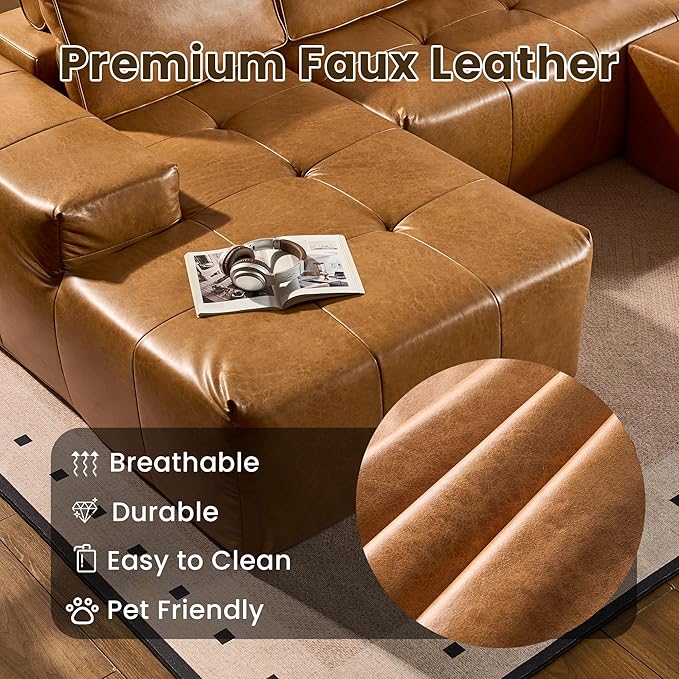 114" Cloud Sectional Couch with L-Shape Chaise & Ottoman, Modern Boneless Couches for Living Room, Fluffy Tufted Deep Seat Modular Sofa No Assembly (Faux Leather,Brown,Left Facing)