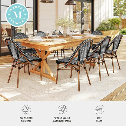 Martha Stewart Lily Pond Indoor-Outdoor Stackable Aluminum Bistro Chair with Natural Woodgrain Frame Finish and Black/White Woven Rattan Backrest and Seat