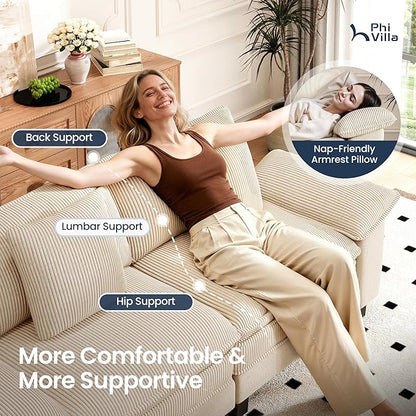 PHI VILLA Cloud Modular Couches Sets, 157.5" Long Sectional Sofa with Upholstered Deep Seat, 4-Seater Couches for Living Room, Chenille Corduroy Dual Fabric, Beige