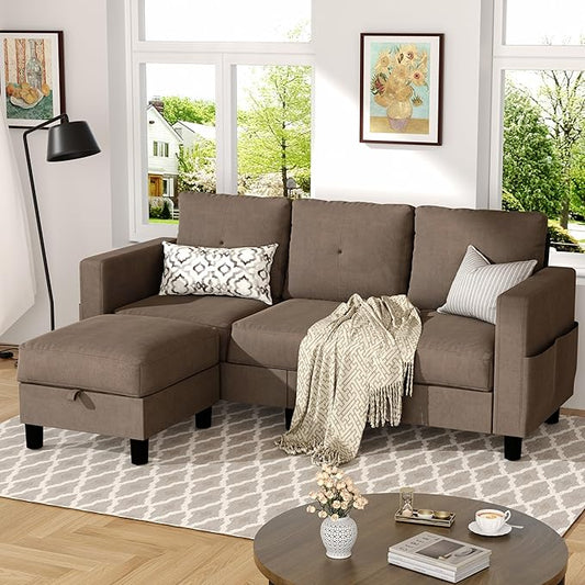 JY QAQA Convertible Sectional Sofa Couch with 3-Seat Sofa, L-Shaped Ottoman Couch with Modern Linen Fabric for Small Living Room, Apartment and Small Space(Brown)